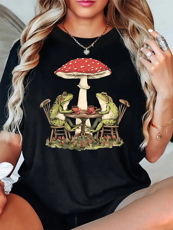 Women's Casual Loose Shoulder T-Shirt - Fantasy Frog with Mushroom Tea Party Pattern Print, Breathable Round Neck Short