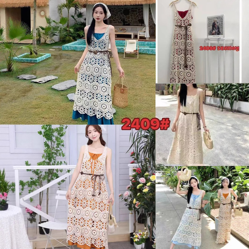 Vintage Hollow Lace Sling Shirt suit dress Vacation Dress Summer Sling Dress Three-piece Set