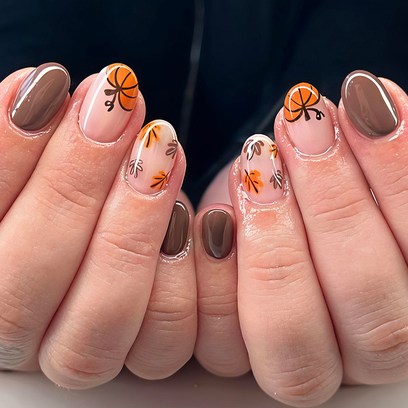 Cross-Border Autumn Nail Art Maple Leaf Pumpkin Press-On Nails Brown Warm Colors Foreign Trade Press-On Fake Nails Thanksgiving Nail Tips