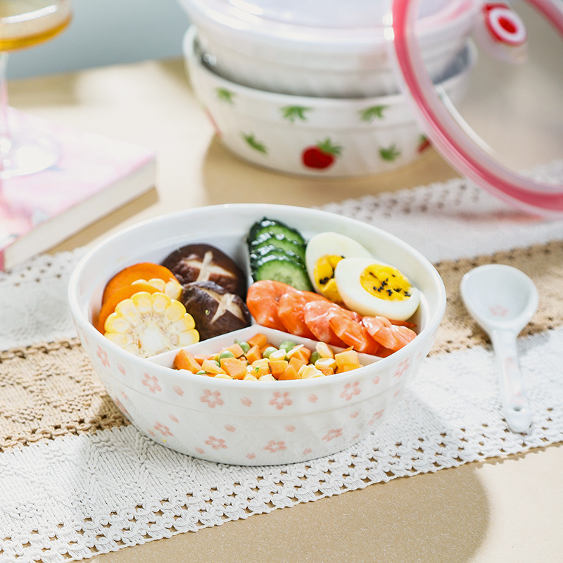 Household Underglaze Ceramic Three-compartment Bowl For Office Workers...