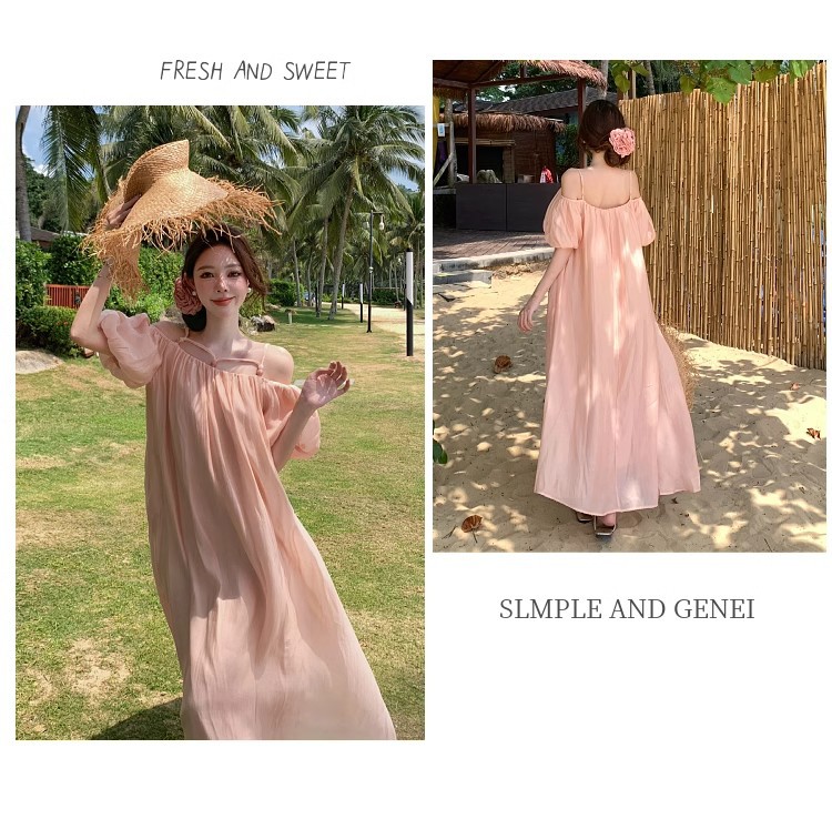 Off Shoulder Short Sleeve Vacation Dress For Summer Holidays_voghion.com