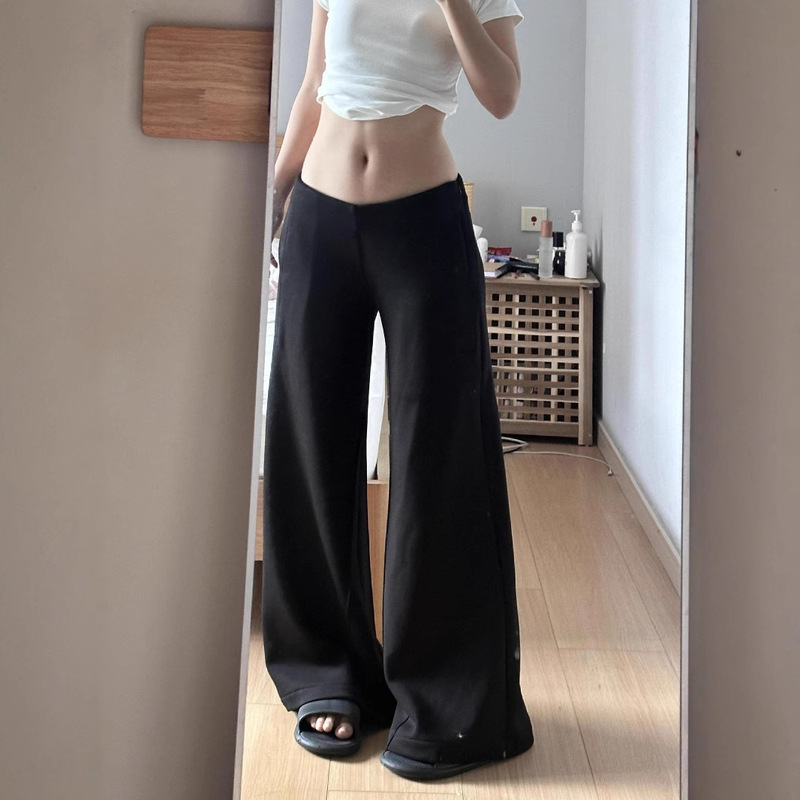 American Style Hot Girl Black Low Waist Slim Fit V-shaped fleece-lined Casual Pants Women's Retro Casual Wide Leg Micro Horn Long Pants American Style Hot Girl Black Low Waist Slim Fit V-shaped fleece-lined Casual Pants Women's Retro Casual Wide Leg Micro Horn Long Pants
