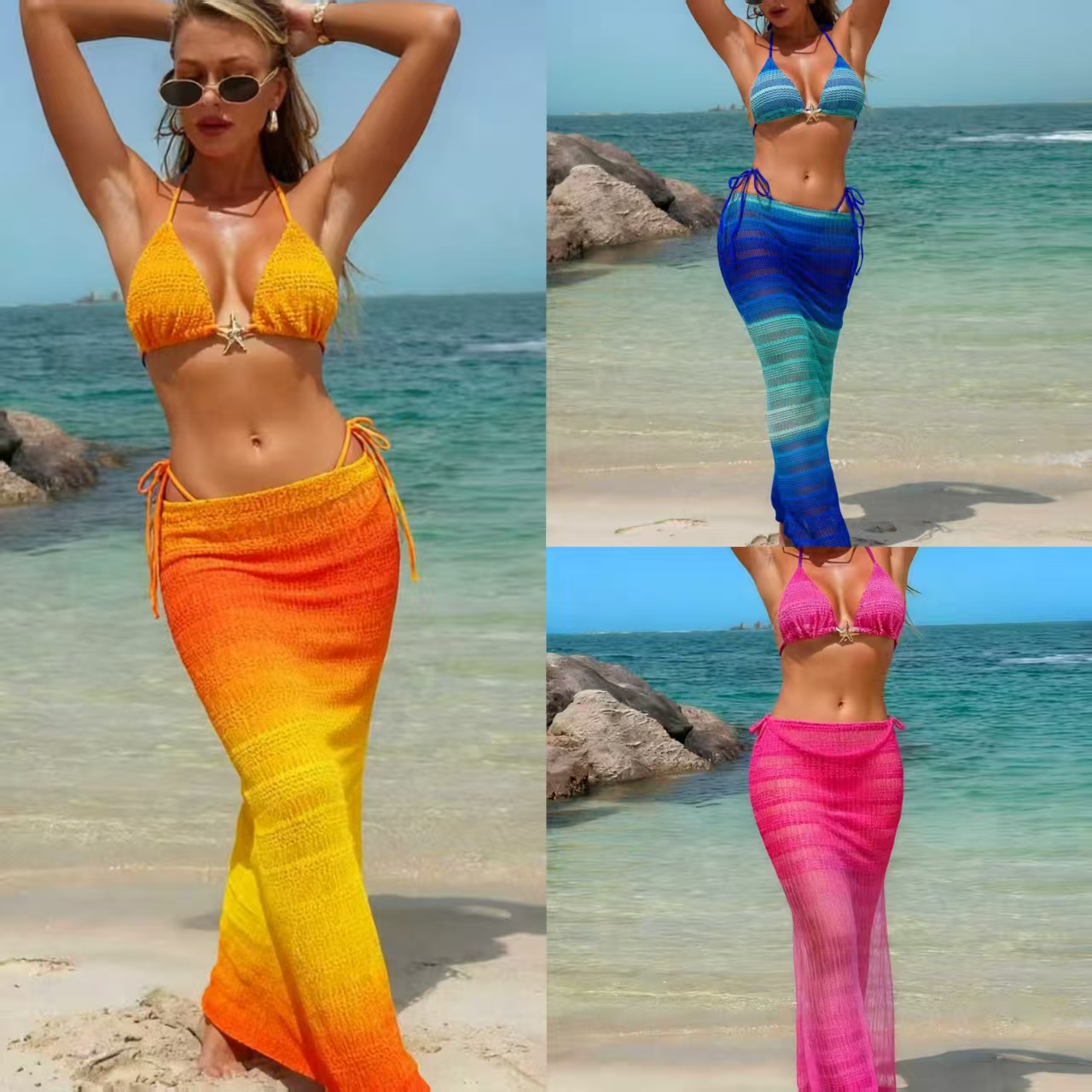 plus Size Gradient Hollowed out Tummy Covering Backless Swimsuit Women's Sexy Two Piece Swim Set European American Style_voghion.com