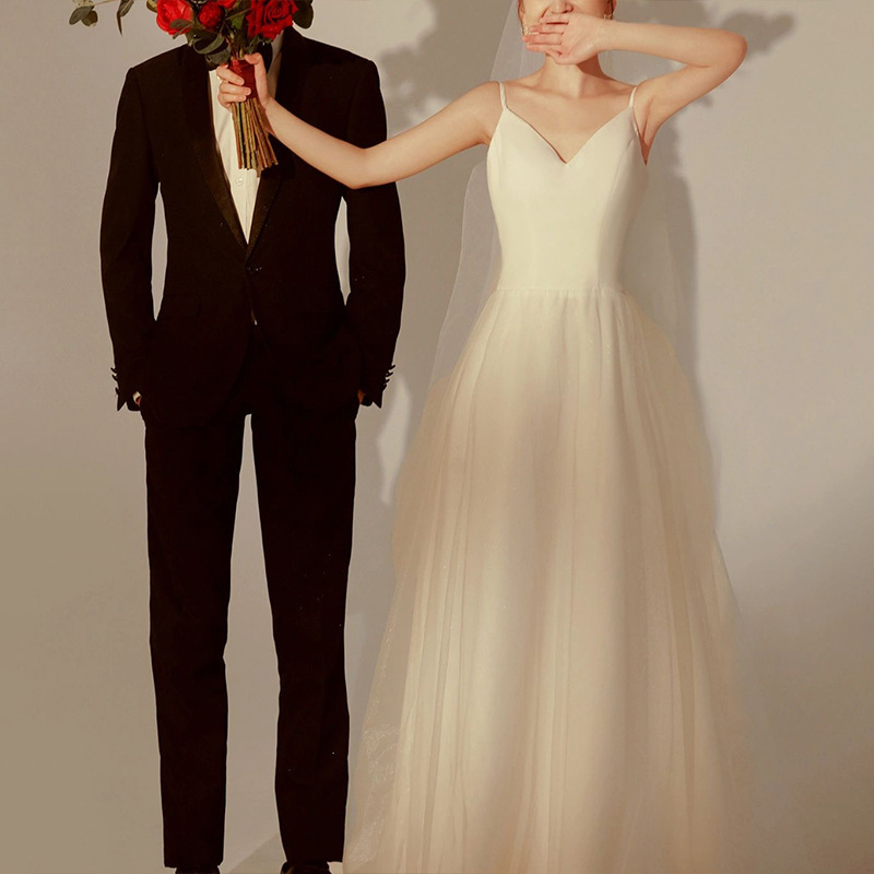 Satin Long Light Wedding Dress, Simple French Style, Spaghetti Straps, Small Train, Autumn Slimming Bride Wedding Reception Dress