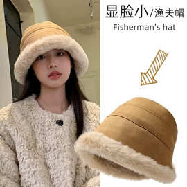 韩国ins显脸小毛绒渔夫帽女冬季时尚加厚保暖网红羊羔毛水桶帽子