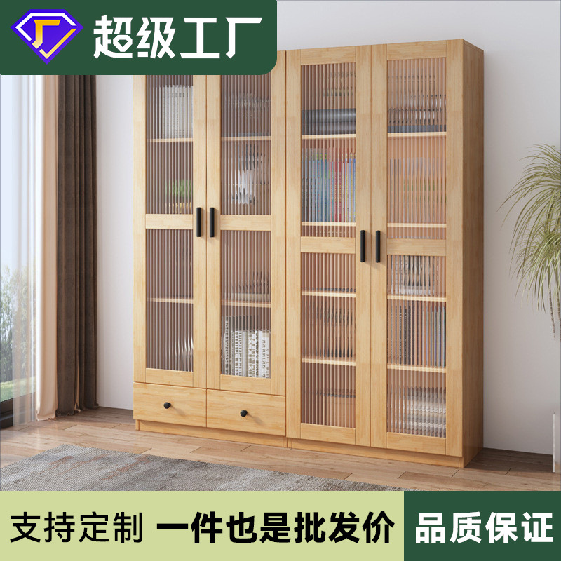 Solid Wood Bookcase Nordic Log Floor Storage Japanese Glass Storage Cabinet Bookcase with Door Storage Cabinet Display Cabinet