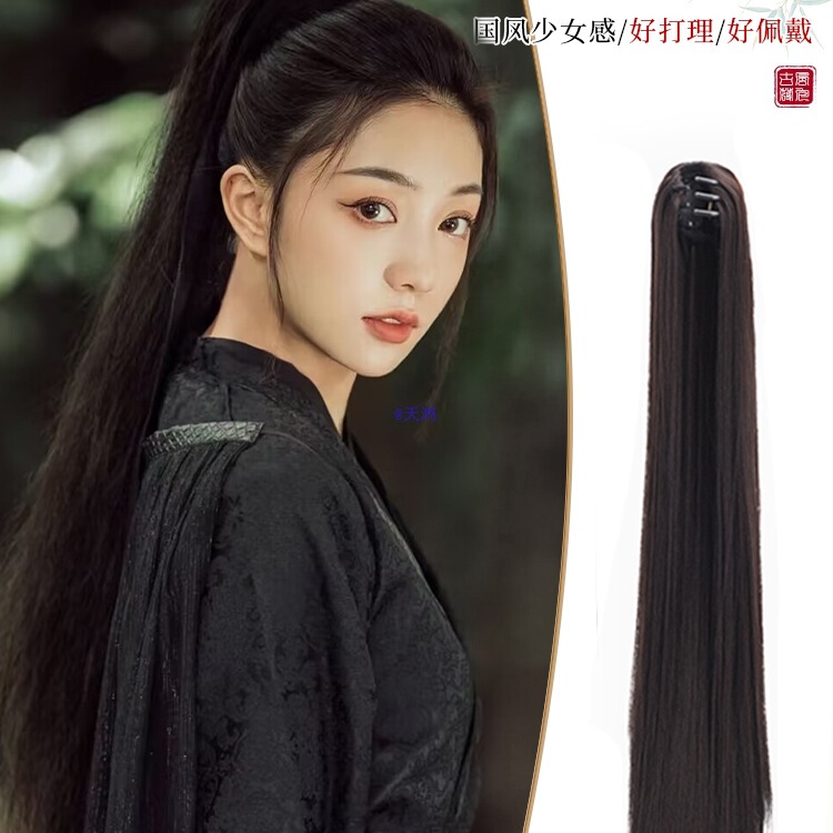 Hanfu Ponytail Wig with Tiger Claw Clip, Long Straight Hair, Ancient Style Horse Face Skirt, Unisex High Ponytail, Ancient Warrior Style