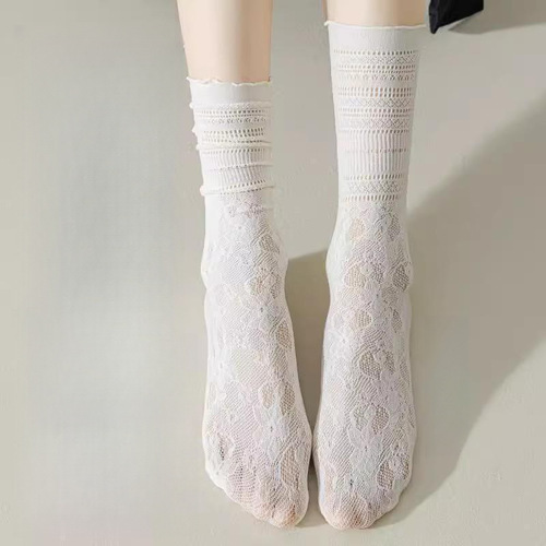 Summer Thin Ruffled Lace Socks for Women, Breathable Mesh Hollowed-Out Crew Socks with Floral Trim, Versatile White Mid-Calf Socks