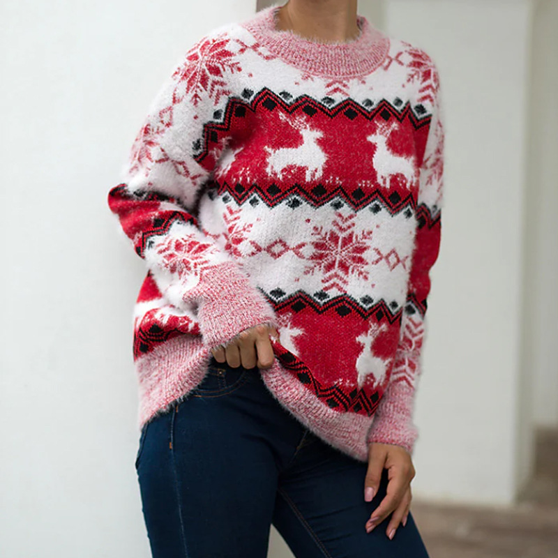 Pull de Noël douillet en maille jacquard à motif cerf, coupe ample, col rond, style décontracté, en fil doux._voghion.com