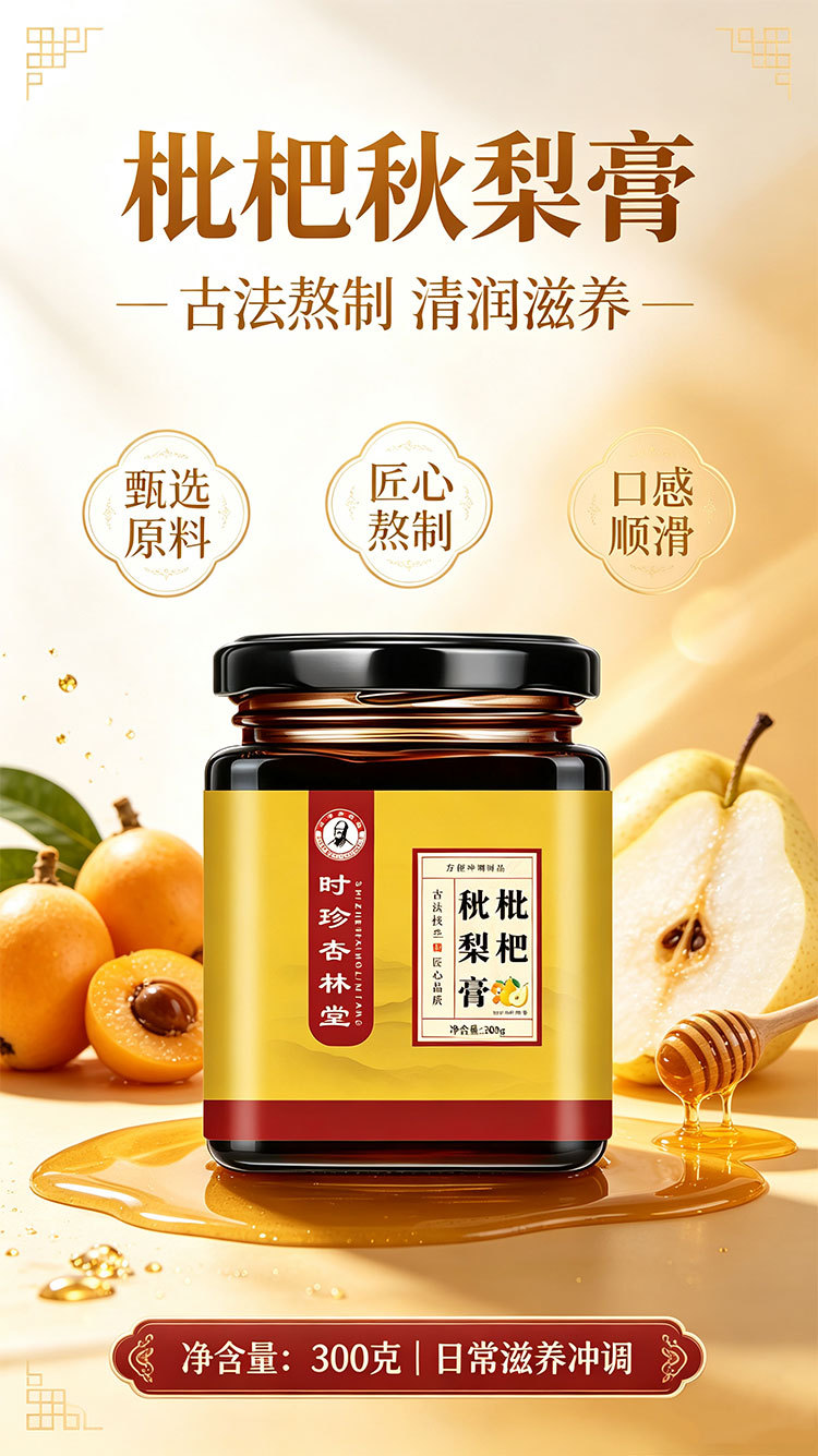 Lo Quat & Autumn Pear Paste (枇杷秋梨膏) — Traditional Herbal Honey Paste, 300g Glass Jar key features