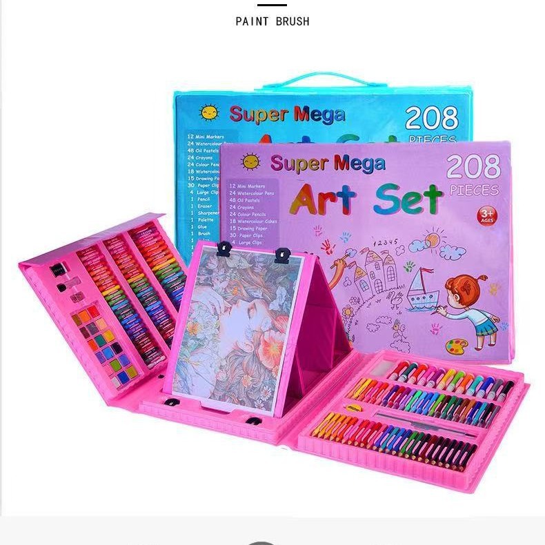 Juego de pintura con bolígrafo de acuarela de 208 piezas al por mayor con tablero de dibujo caja de regalo de pintura regalo creativo para estudiantes premios de papelería