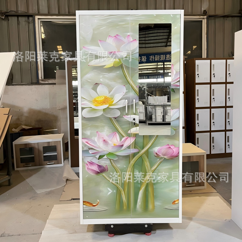 Gabinete de impresión de dos puertas deslizantes armario de acero espejo estética armario de almacenamiento de metal doméstico se puede personalizar simple armario de metal de viento image 11