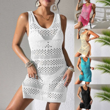 夏季跨境亚马逊欧美镂空比基尼上衣女性感开叉沙滩外搭V领针织衫