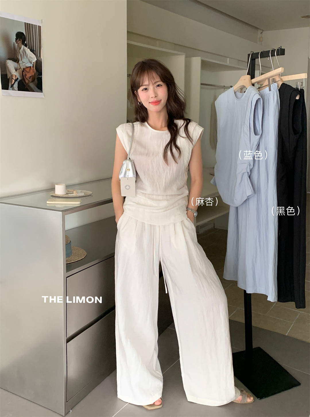 Bộ áo thun phối quần ống rộng cạp cao nữ thiết kế eo thu vải lanh mùa hè 2025 — đen, màu xanh, Mã Xinh chi tiết 20