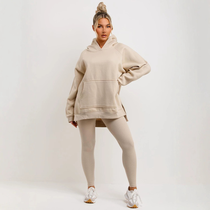 New European and American cross-border foreign trade product: hooded fleece sweatshirt and ribbed leggings set, solid color casual loose-fitting women's clothing New European and American cross-border foreign trade product: hooded fleece sweatshirt and ribbed leggings set, solid color casual loose-fitting women's clothing
