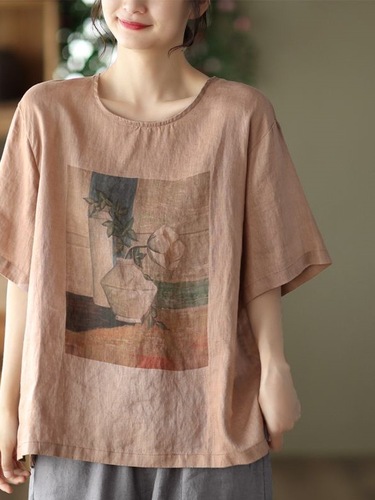 2025 Retro Print Linen Top for Women, Loose and Comfortable, Hides Fat, Slimming Linen Casual Short-Sleeve T-shirt