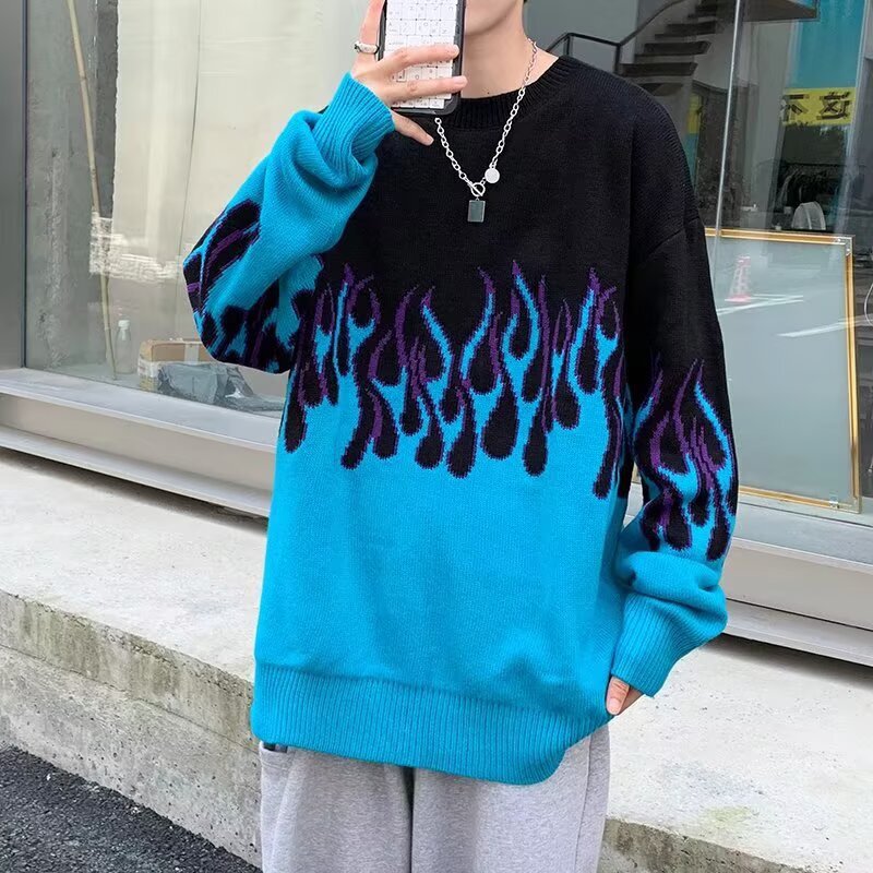 Autumn and Winter American Retro Hip-Hop Gradient Flame Pullover Knitwear Couple Style Loose Lazy Style Long-Sleeved Knitwear