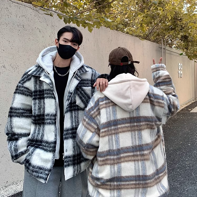 Otoño e invierno nuevo estilo americano falso abrigo a cuadros de dos piezas estilo masculino estilo nacional de moda engrosamiento cálido abrigo de lana retro con capucha