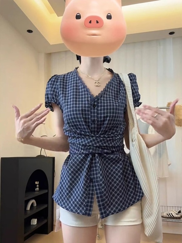 微胖巨瘦大码胖mm蕾丝边格子短袖衬衫女夏季不规则设计感绑带上衣|undefined