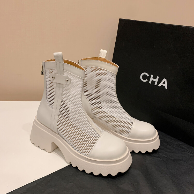 Boot nữ cổ cao đế dày gót bánh xốp da bò lưới thoáng khí xuân hè 2024 — Màu đen, Màu trắng be chi tiết 118