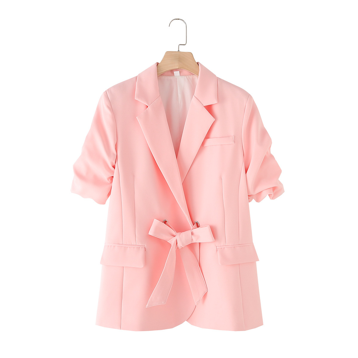 Women's Clothing solid color bow tie cuffs pleated suit jacket casual trousers suit _mkmklike.com