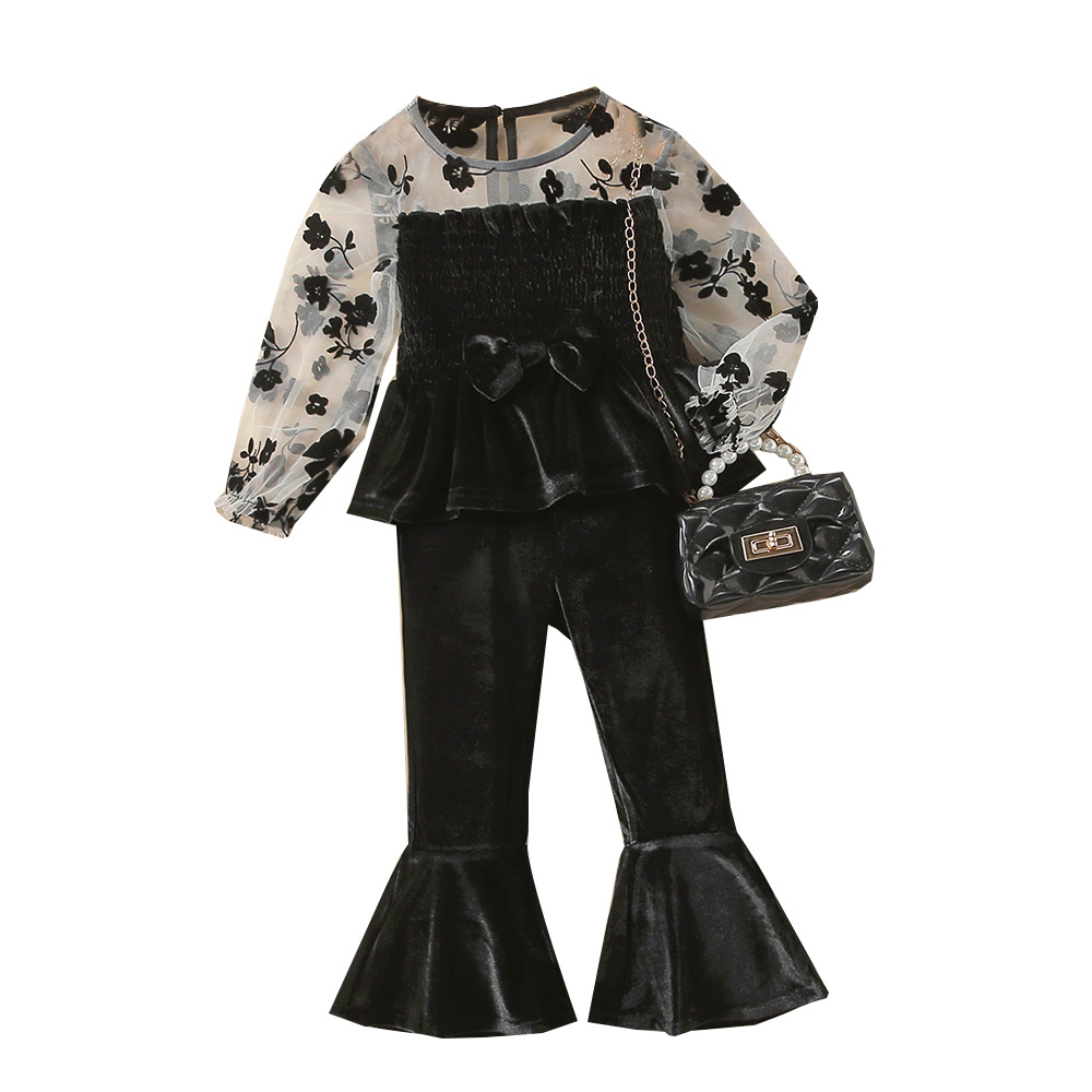 Nouveaux produits de vêtements pour enfants EW pour filles en automne et en hiver, ensemble de mode pantalon évasé en maille de velours TZ616-C_voghion.com