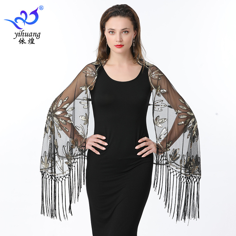 1920s Handmade Fringe Cape Sequin Shawl Evening Gown Party Banquet Qipao Outer Wear Europe USA Shawl
