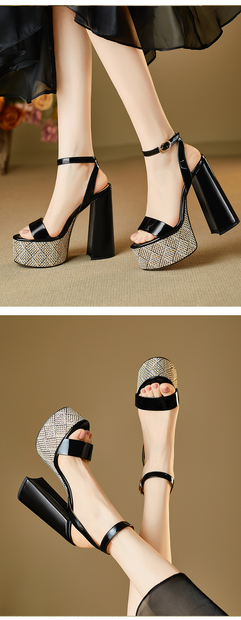 Sandal hở mũi một dây Yichuan da thật gót vuông cao 9 cm — đen chi tiết 7