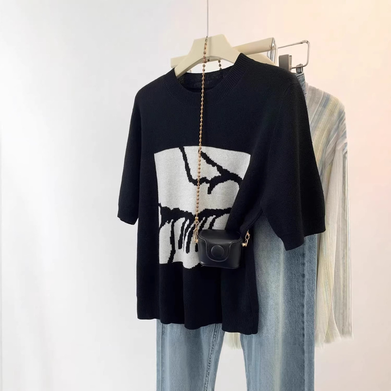 Brother's Boutique Quality Summer New Fashion Versatile Black Ice Silk Jacquard Knit Short-Sleeve T-Shirt for Women Brother's Boutique Quality Summer New Fashion Versatile Black Ice Silk Jacquard Knit Short-Sleeve T-Shirt for Women