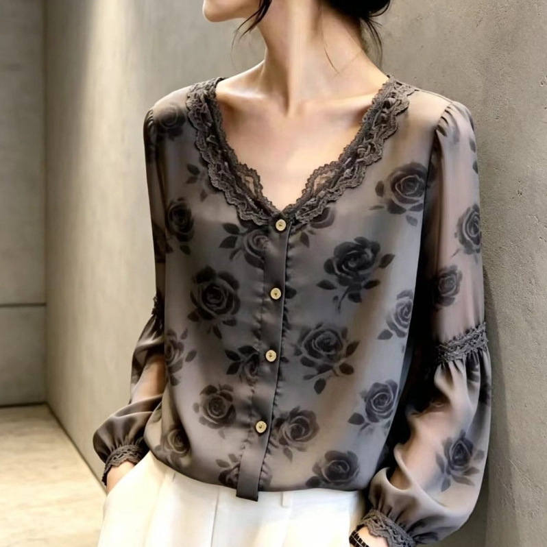 Autumn new V-neck vintage gray rose Korean-style elegant lace printed long-sleeve shirt with lantern sleeves, thin top