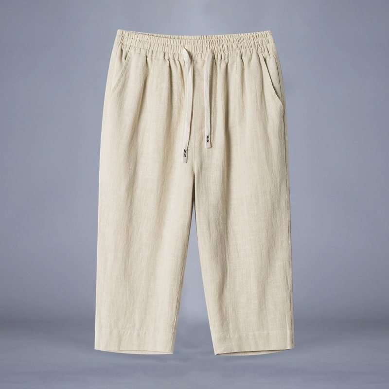 Cross-Border Solid Color Linen Men's Over-The-Knee Cropped Pants Summer Breathable Cotton and Linen Fabric Mid-Length Pants Ramie Breeches Short