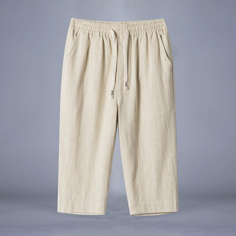 Cross-Border Solid Color Linen Men's Over-The-Knee Cropped Pants Summer Breathable Cotton and Linen Fabric Mid-Length Pants Ramie Breeches Short