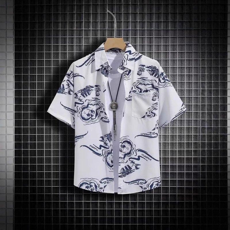 Cross-border 2025 New Short-sleeved Shirt Men's Ice Silk Breathable Summer Korean-style Trendy Printed Shirt Half-sleeve Shirt Cross-border 2025 New Short-sleeved Shirt Men's Ice Silk Breathable Summer Korean-style Trendy Printed Shirt Half-sleeve Shirt