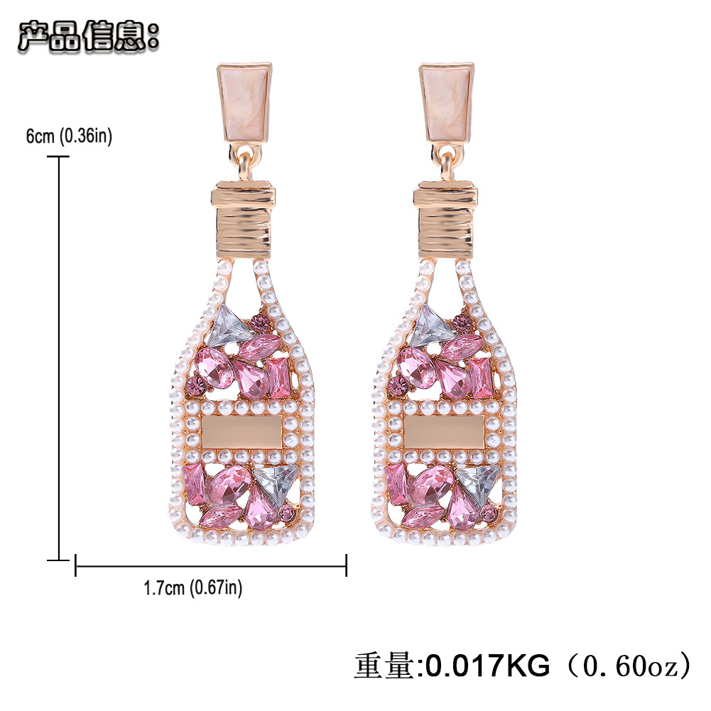Fashion Wine Bottle Alloy Hollow Rhinestone Pearl Earrings