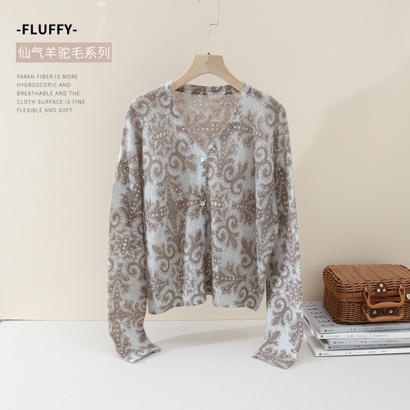 2026 New Style Alpaca Wool Totem Watercolor Print Fairy-Like Knitwear French Style Wool V-Neck Cardigan 2026 New Style Alpaca Wool Totem Watercolor Print Fairy-Like Knitwear French Style Wool V-Neck Cardigan