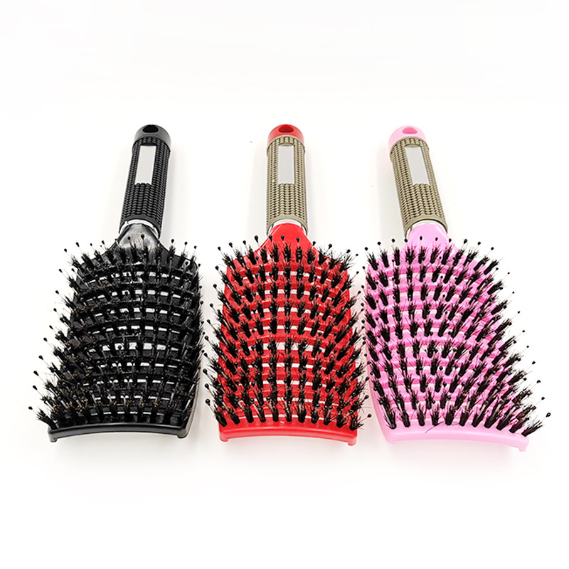 廠家直銷豬鬃毛圓頭造型按摩梳卷發塑料順發大彎梳子寬齒梳現貨