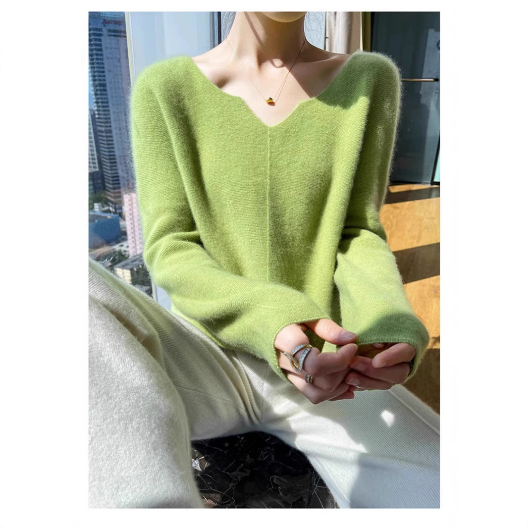 Бесшовный маленький V-образный вырез средней линии удобный повседневный сплошной цвет нежный ветер леди 100 чистый свитер пуловер
