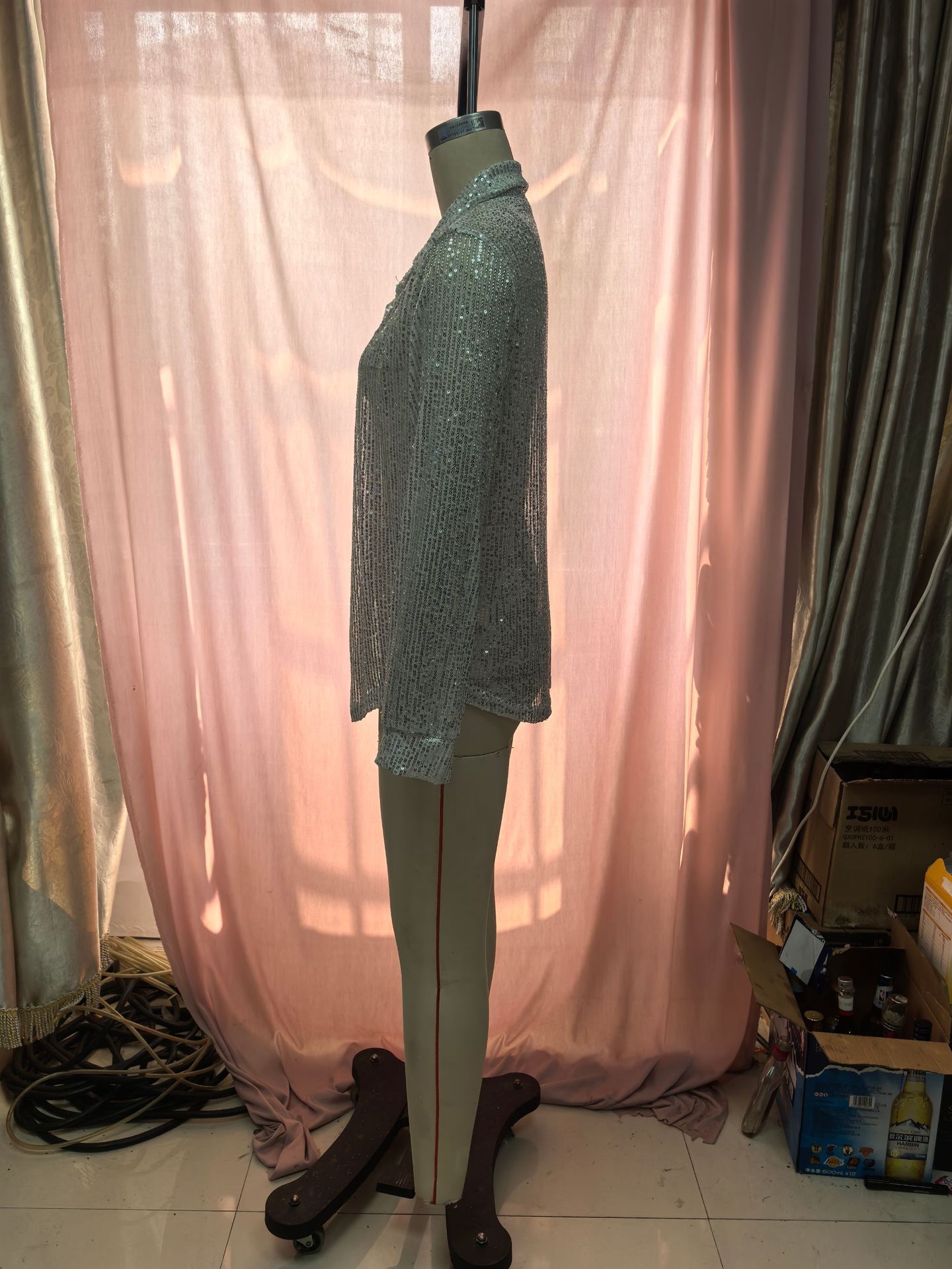 2025 Spring Summer New Sequin Top Turn-down Collar Long Sleeve Cardigan Basic Women's Shirt Jacket_voghion.com