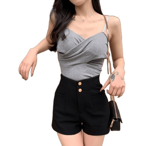 Summer Black Sexy High-Waisted Designer Women's Short Shorts for Petite Figures, Slimming and High-End Heat Pants