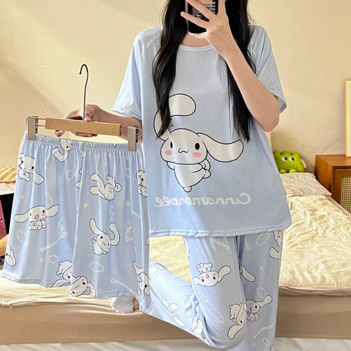 Foreign Trade Milk Silk Pajamas Women's Three-piece Set Summer New Round Neck Short-sleeved Shorts Girls Cartoon Cute Home Clothes