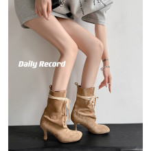 绒面性感细跟高跟短靴女马丁靴秋冬新款圆头绑带瘦瘦短靴女单靴子