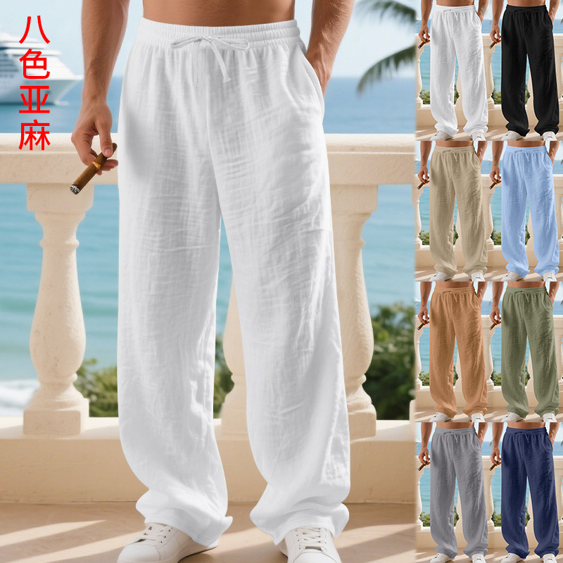 25 European and American Cross-Border Amazon Autum Men's Breathable Cotton and Linen Pants Temu Loose Casual Sports Linen Straight Pants