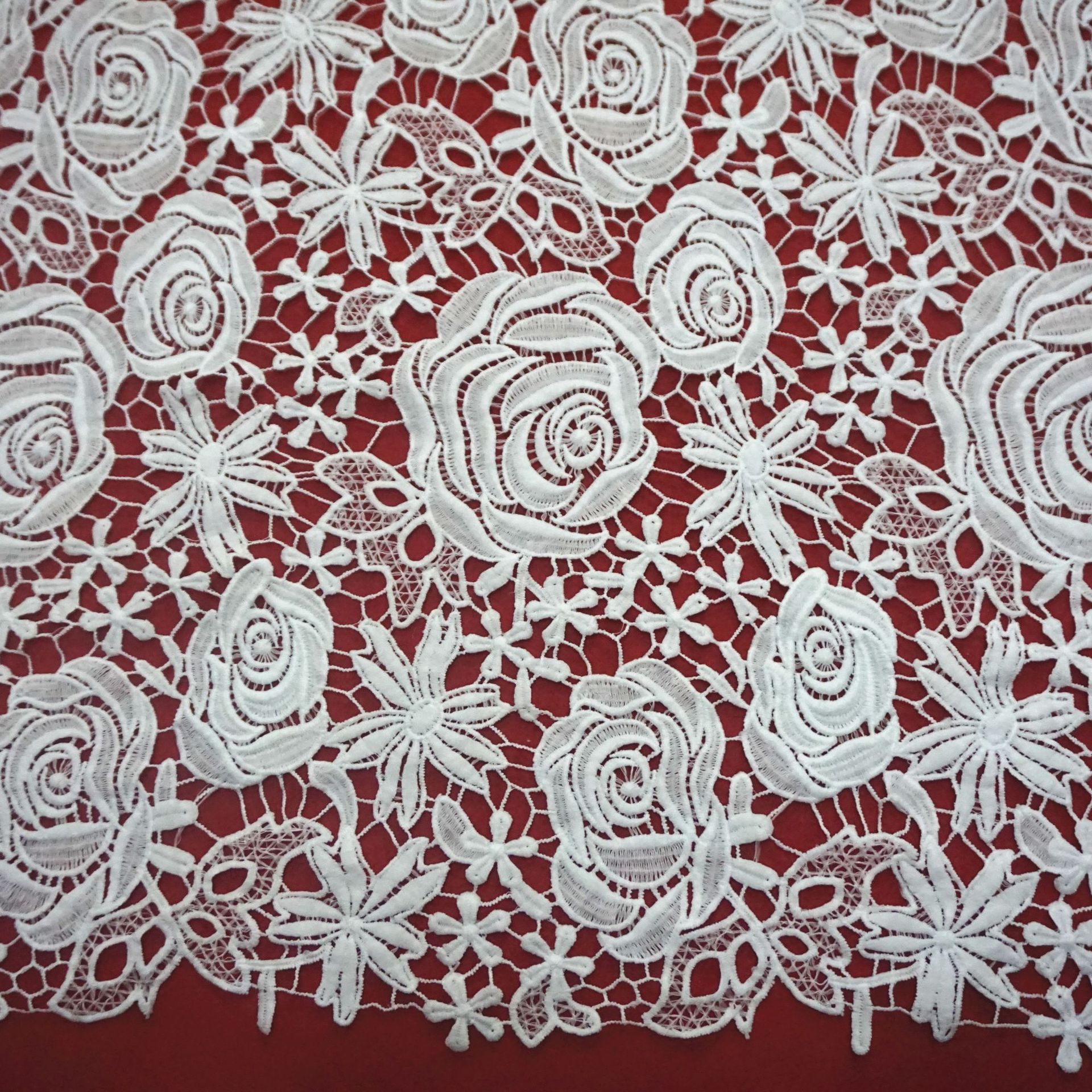 汇绣花边厂 大量现货 牛奶丝水溶满幅面料 服装面料 满幅立体花纹