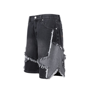2025 Summer Creative Pentagram Patchwork Denim Mid-Length American High Street Loose Straight Unisex Shorts Trend