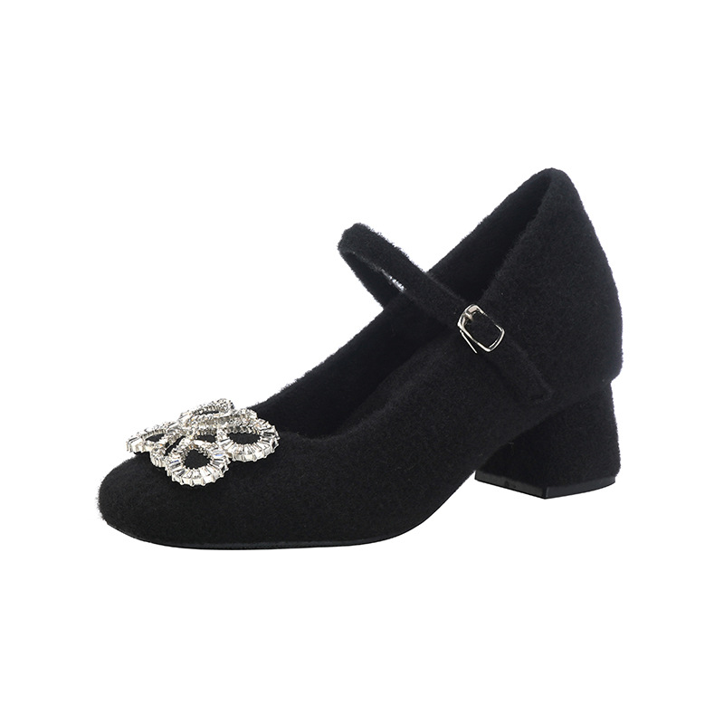 2026 nuevo tamaño pequeño francés 33 zapatos de tacón ultra alto de mujer con botón cuadrado de diamante de veludo zapatos de veludo de tacones gruesos