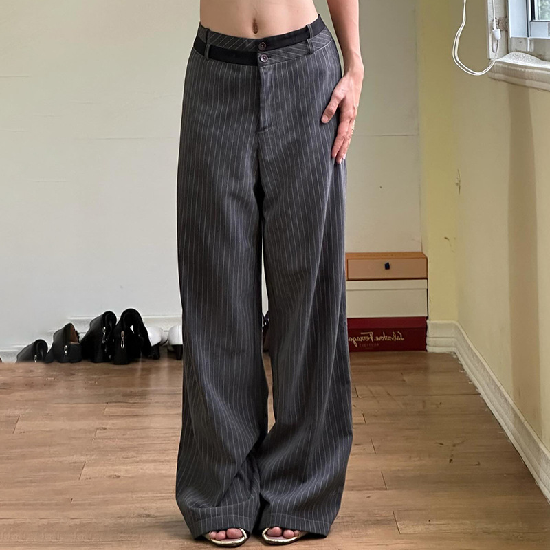 C815Pt European and American Cross-Border Color-Block Waistband Loose Thin Striped Straight-Leg Pants for Women Versatile Stylish Casual Woven Pants
