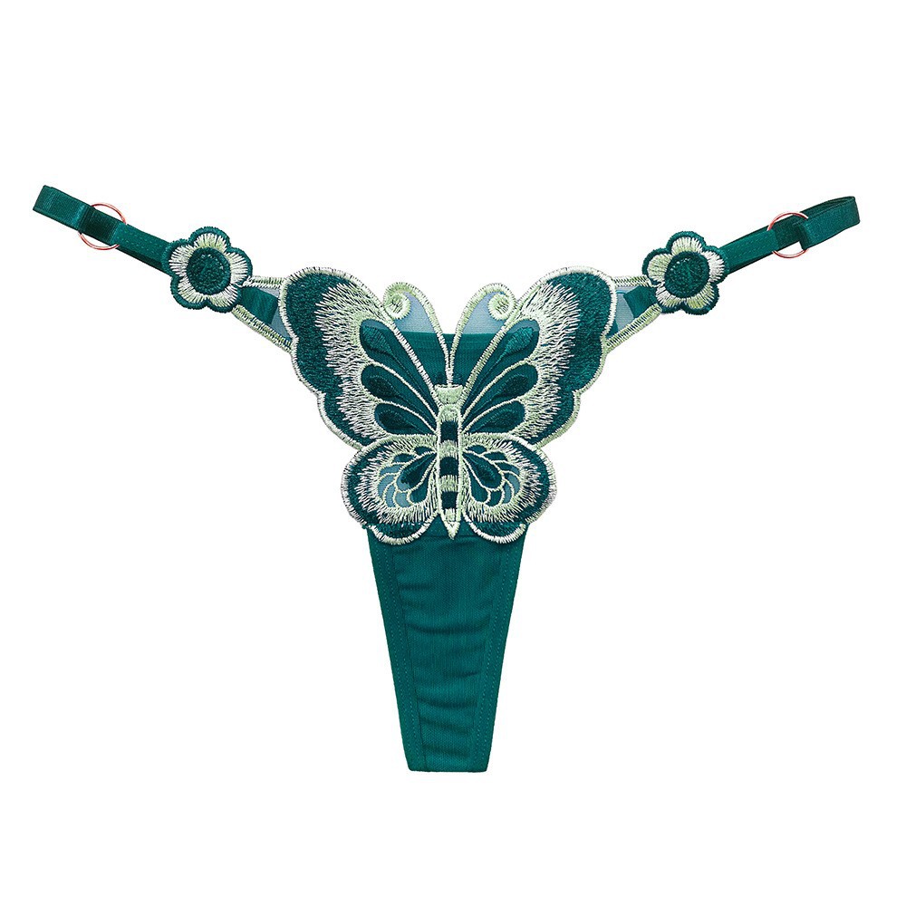 Butterfly Embroidered See-Through Thong for Women, Low-Waist T-Back, Dark Green — detail image 9