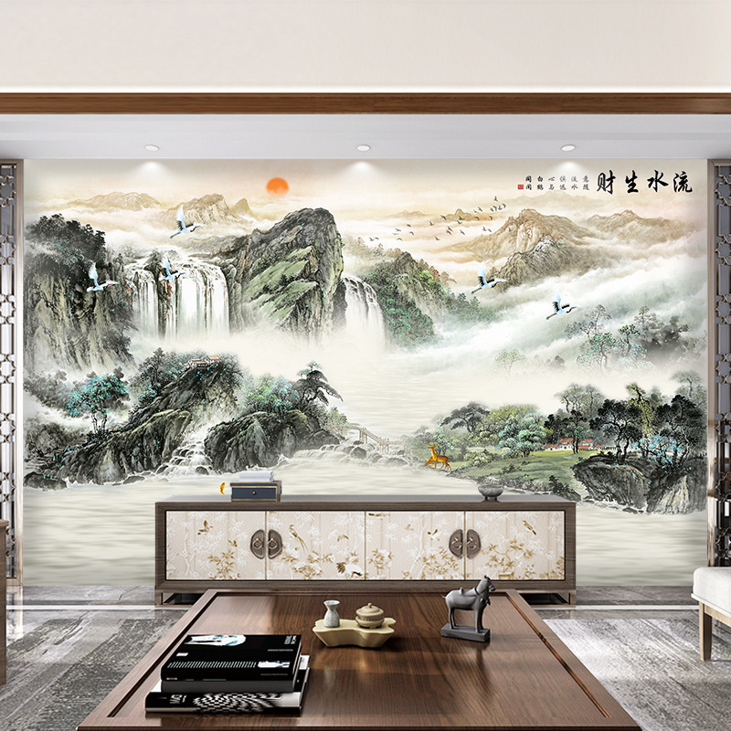 电视背景墙壁画新中式山水画流水生财壁布3D立体壁纸客厅影视墙布|undefined