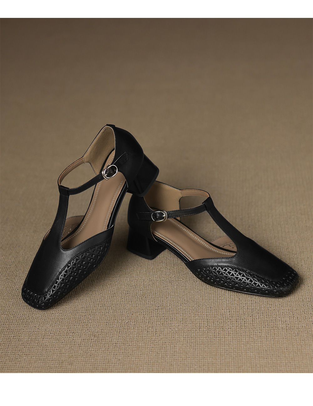 Sandal quai chữ T bít mũi da bò lớp đầu gót thô 4cm đục lỗ thoáng khí — Màu đen chi tiết 22