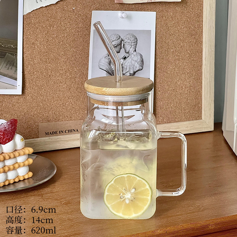 Vaso de vidrio de paja ins ventilador de alta borosilicona para el hogar con marca de taza de agua de gran capacidad de oficina con taza de tapa